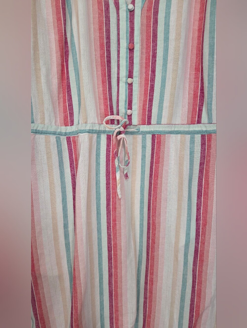 Time & Tru Linen Blend Pastel Vertical Stripe Midi Dress Drawstring Waist Small - Picture 6 of 10